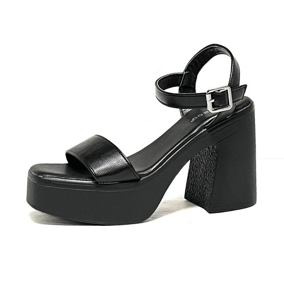 New Black Wide Band Platform Chunky Heel Sandals - Picture 2 of 4